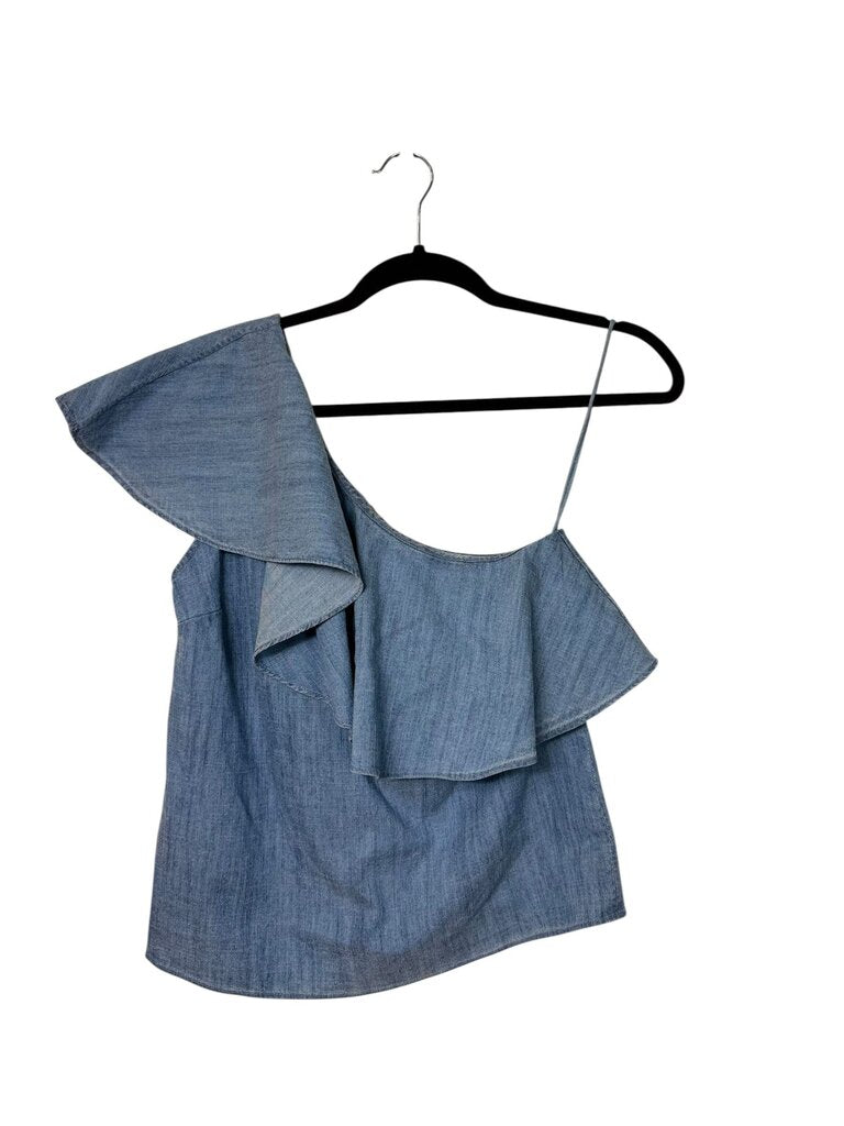 ALICE & OLIVIA CHAMBRAY ONE SHOULDER TOP