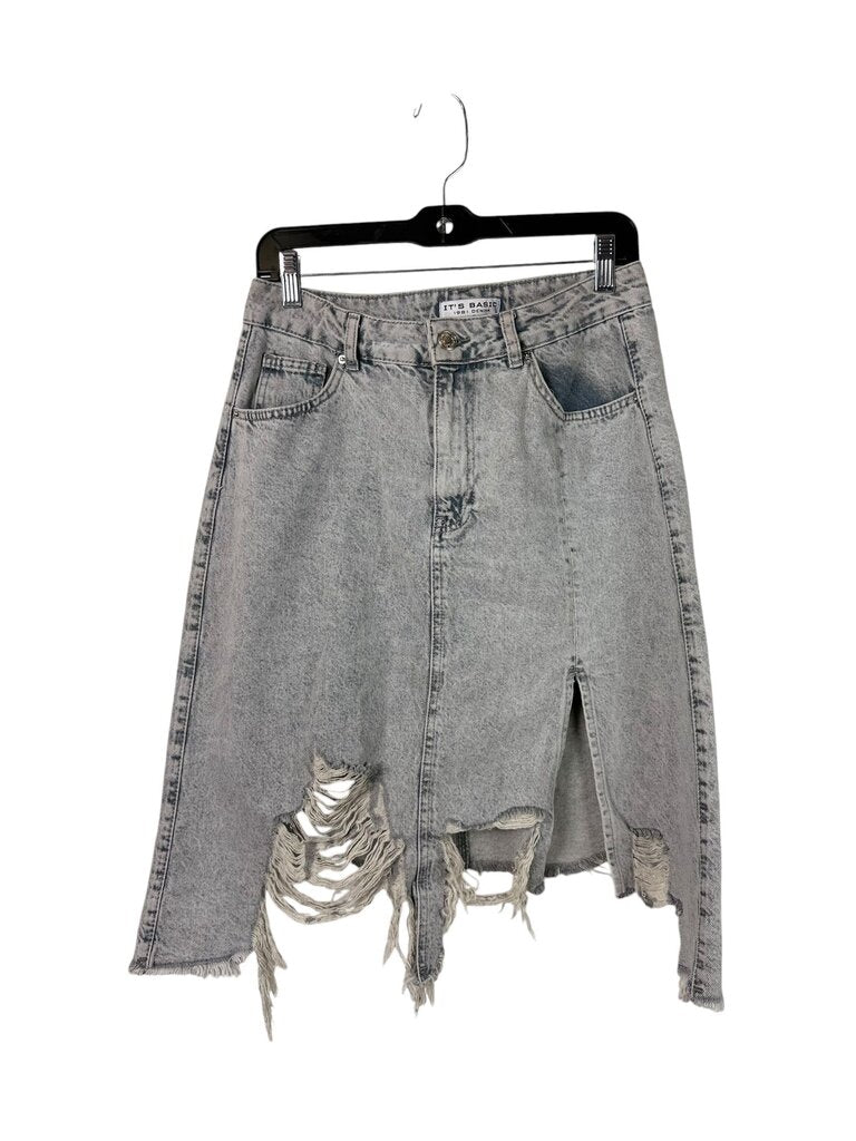 IT'S BASIC 1981 DENIM DISTRESSED MIDI SKIRT