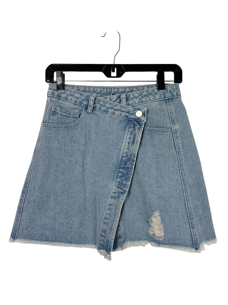 LE LIS FRAYED DENIM MINI SKIRT