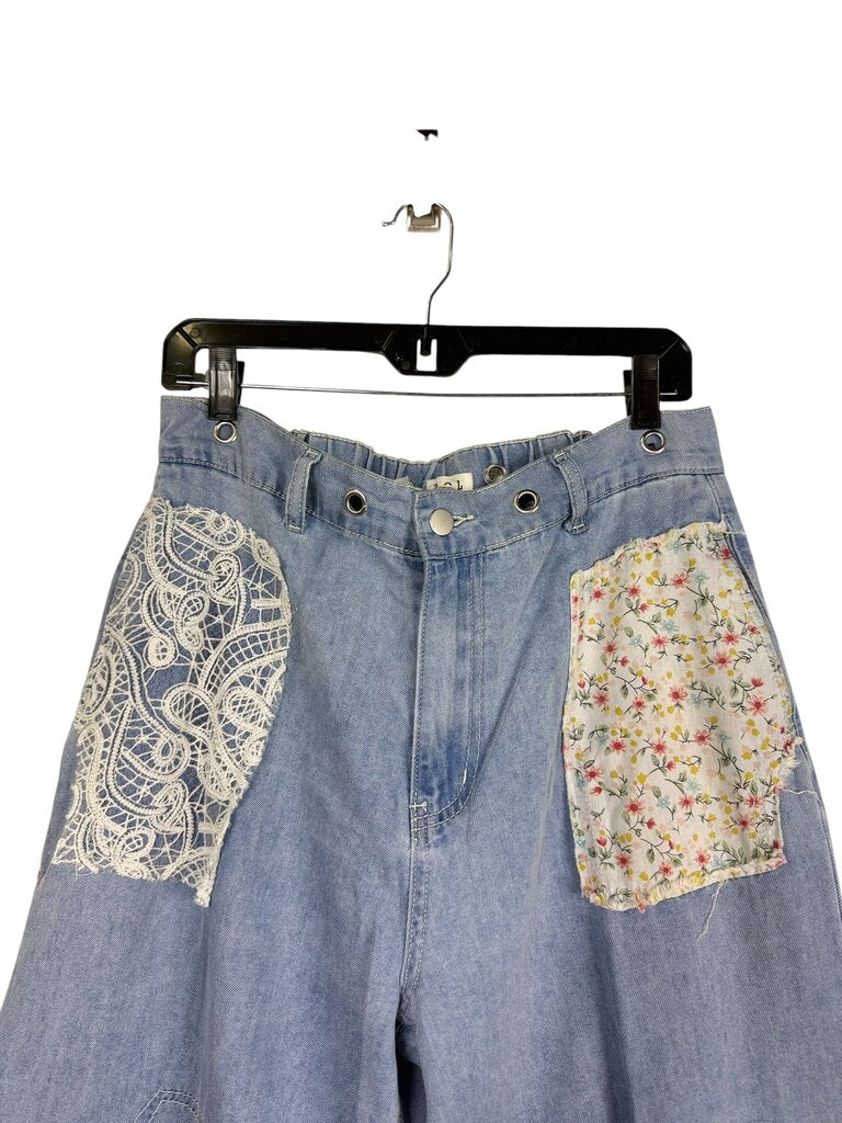 POL WIDE LEG FLORAL PATCH JEANS