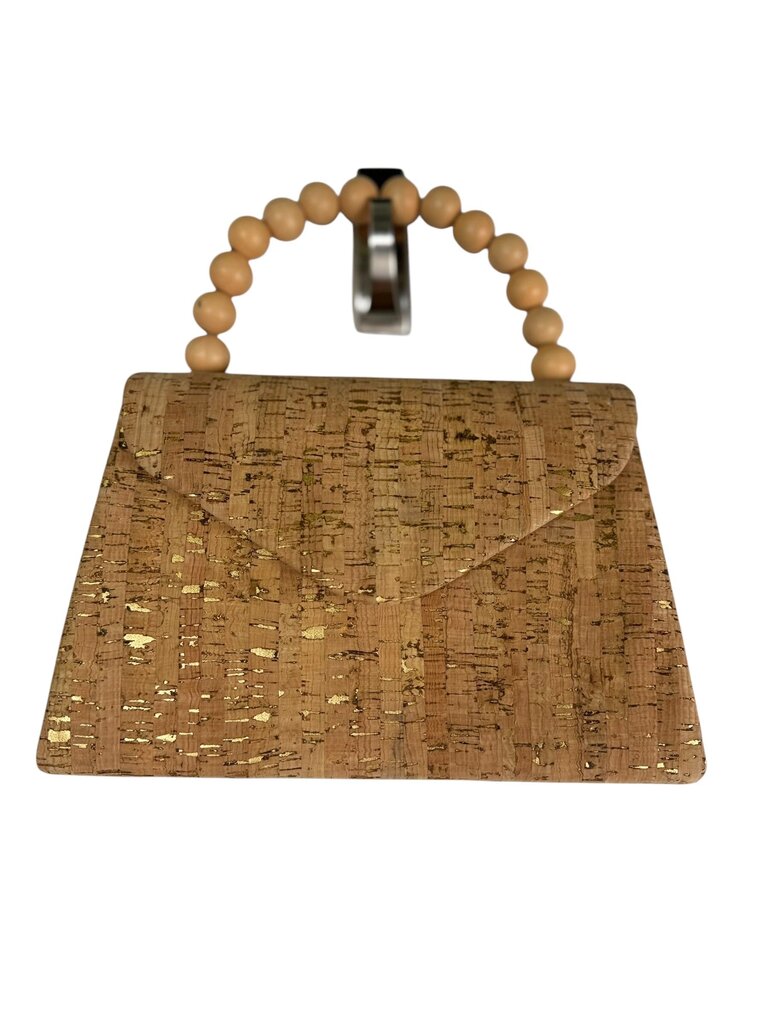 WOOD BEADED HANDLE CORK HANDBAG