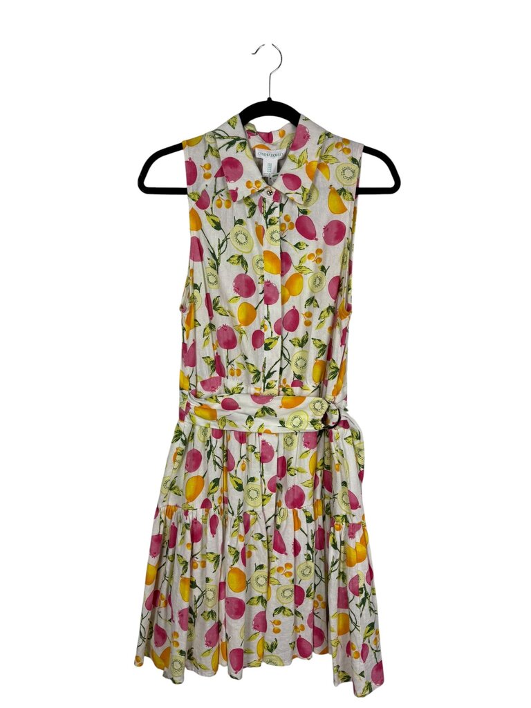 CYNTHIS ROWLEY FRUIT PATTERN BELTED DRESS