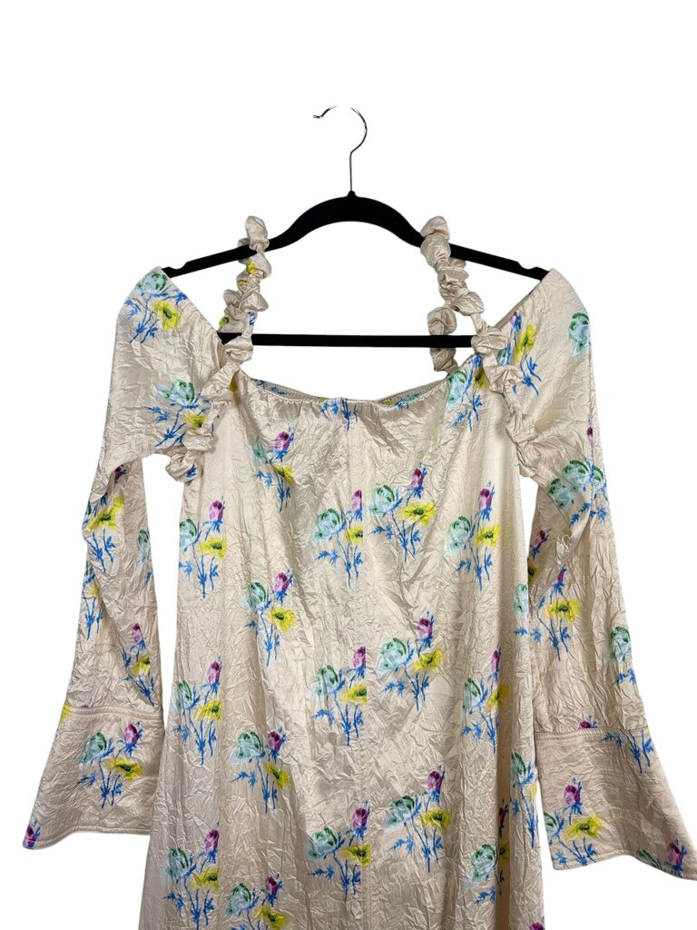 GANNI OFF THE SHOULDER CRINKLE FLORAL DRESS
