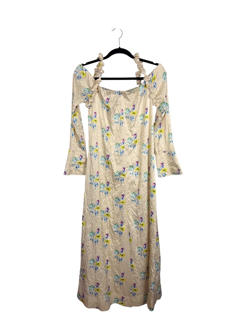 GANNI OFF THE SHOULDER CRINKLE FLORAL DRESS