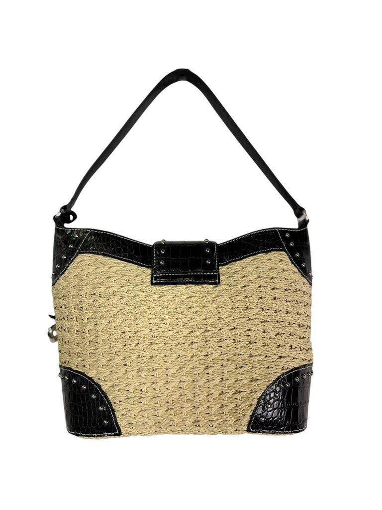 BRIGHTON STRAW & STUDDED LEATHER SHOULDER BAG