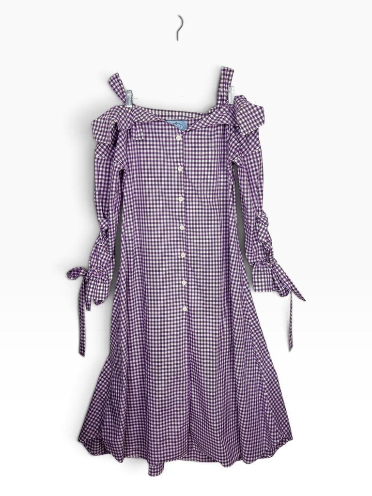 PRADA OFF THE SHOULDER GINGHAM MIDI DRESS