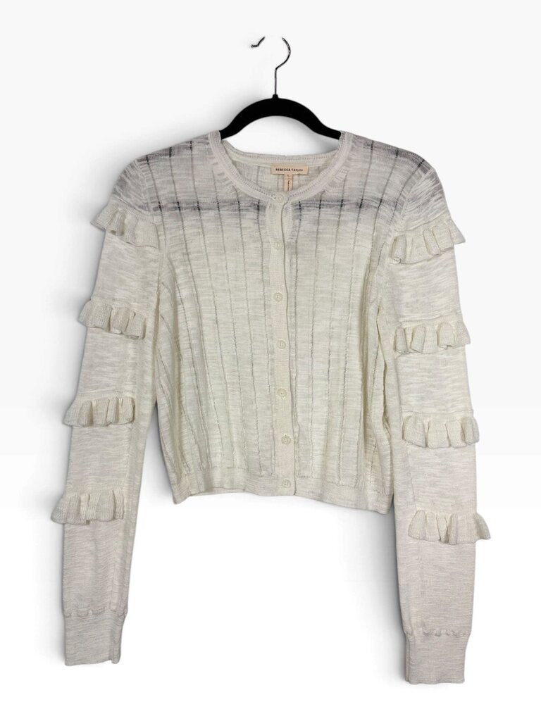 REBECCA TAYLOR SHEER RUFFLE BUTTON CARDIGAN