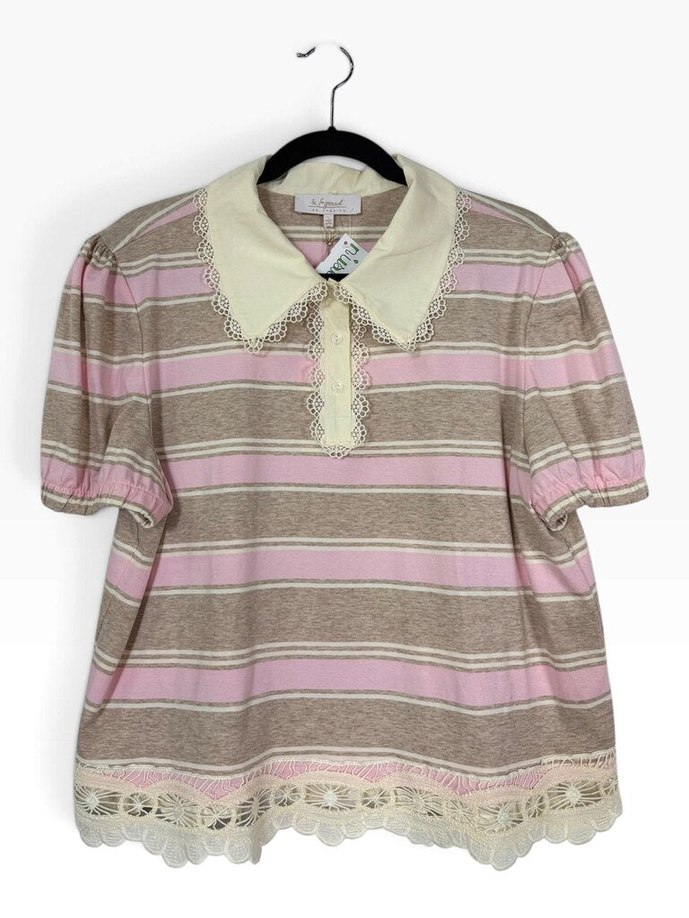 7 LAYERED STRIPE LACE TRIM POLO TOP