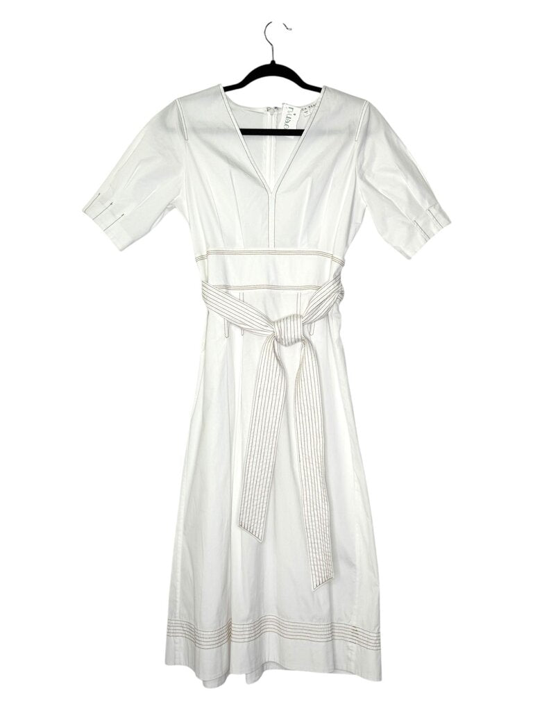 VERONICA BEARD TOPSTITCHED BELTED MIDI DRESS
