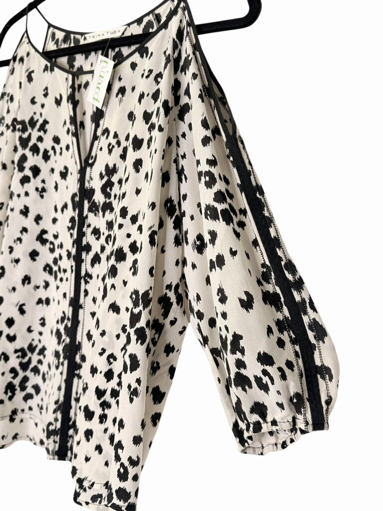 TRINA TURK COLD SHOULDER ANIMAL PRINT BLOUSE