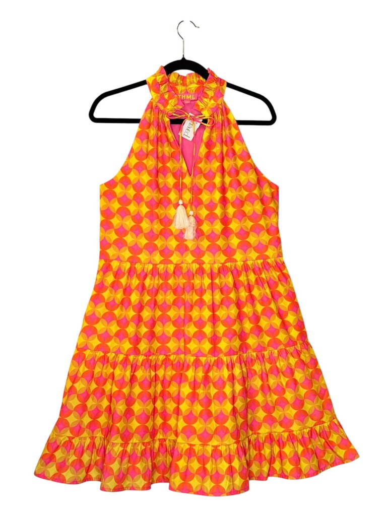THML GEO PRINT TIERED TIE NECK DRESS