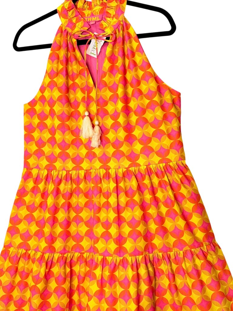 THML GEO PRINT TIERED TIE NECK DRESS