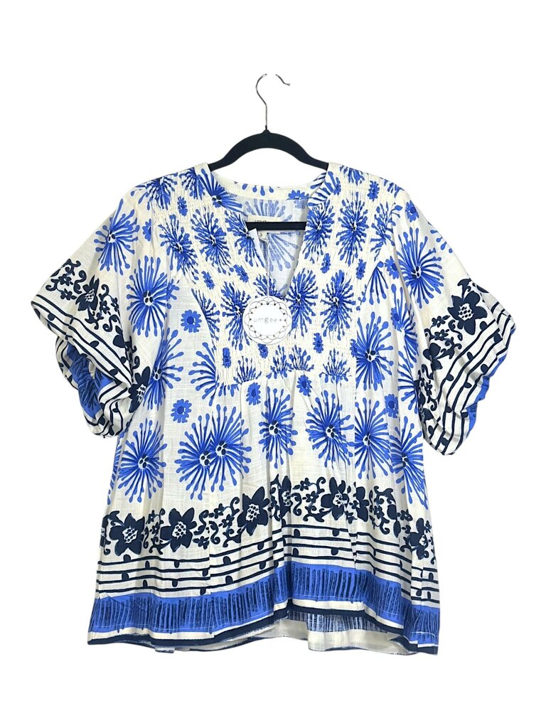 UMGEE GEO FLORAL SMOCKED SPLIT NECK TOP