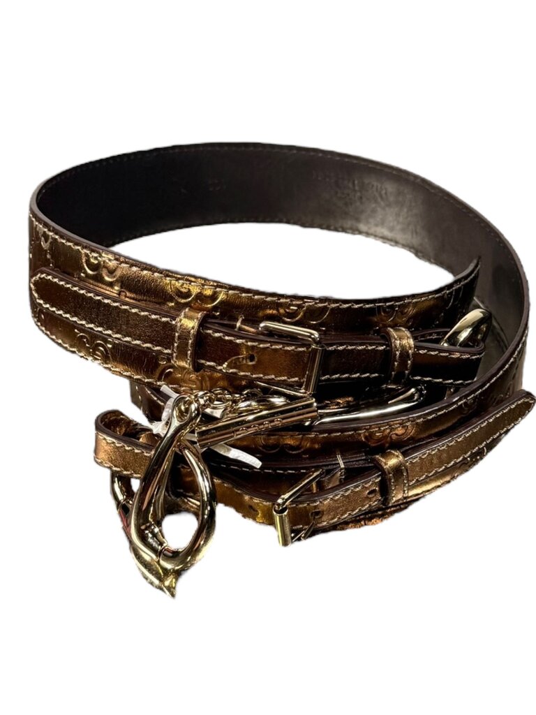 GUCCI METALLIC LEATHER EMBOSSED LOGO HORSE BIT BELT