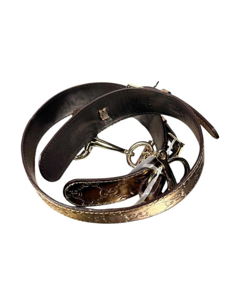 GUCCI METALLIC LEATHER EMBOSSED LOGO HORSE BIT BELT