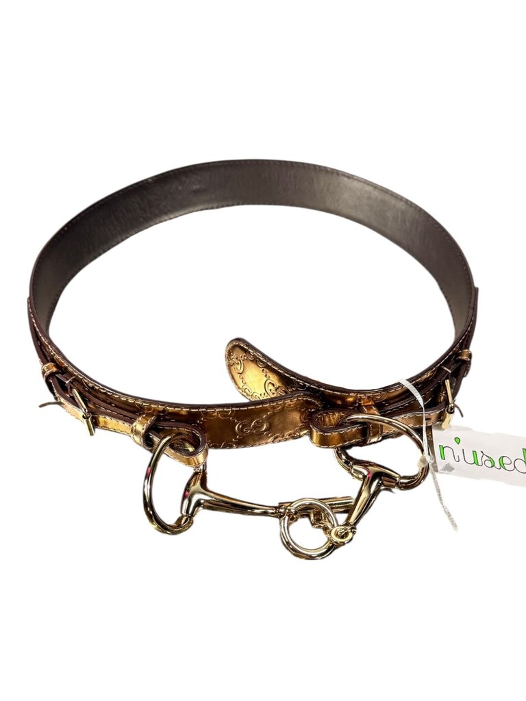 GUCCI METALLIC LEATHER EMBOSSED LOGO HORSE BIT BELT