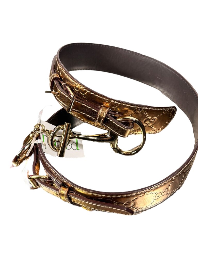GUCCI METALLIC LEATHER EMBOSSED LOGO HORSE BIT BELT