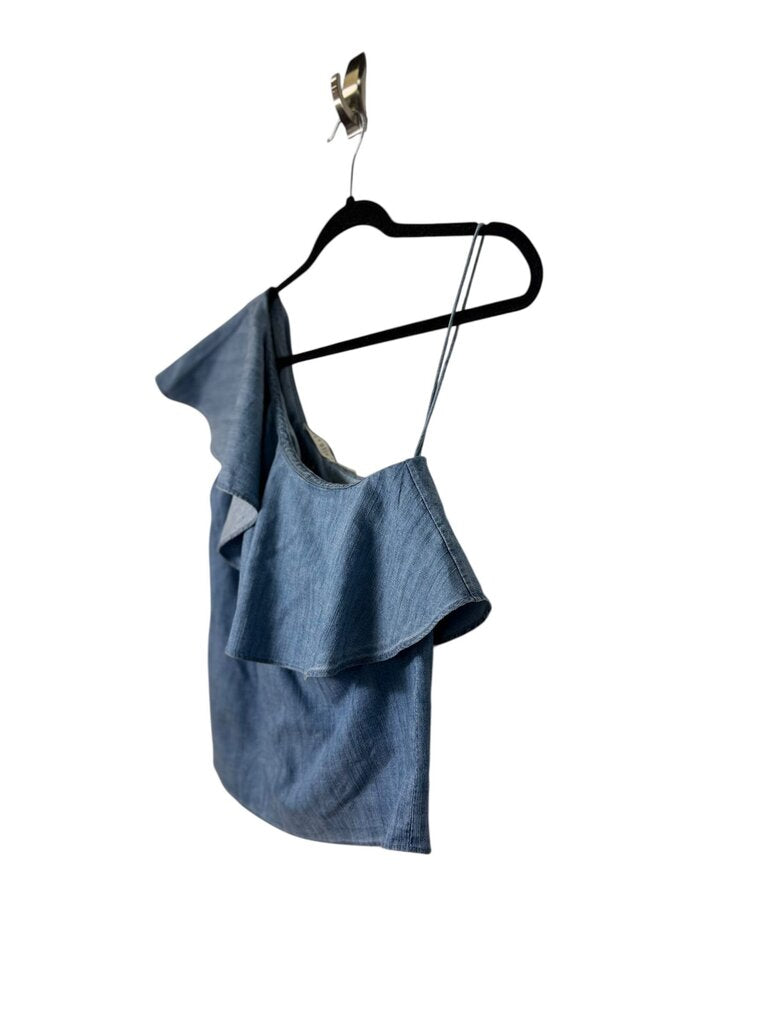ALICE & OLIVIA CHAMBRAY ONE SHOULDER TOP