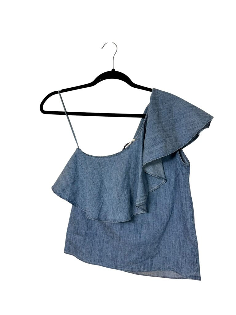 ALICE & OLIVIA CHAMBRAY ONE SHOULDER TOP