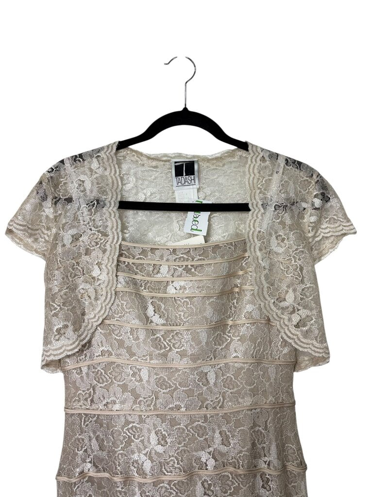 TADASHI STRAPLESS LACE GOWN WITH BOLERO