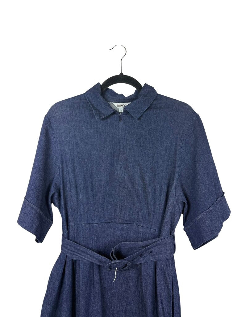 MIXED BELTED DENIM MIDI DRESS