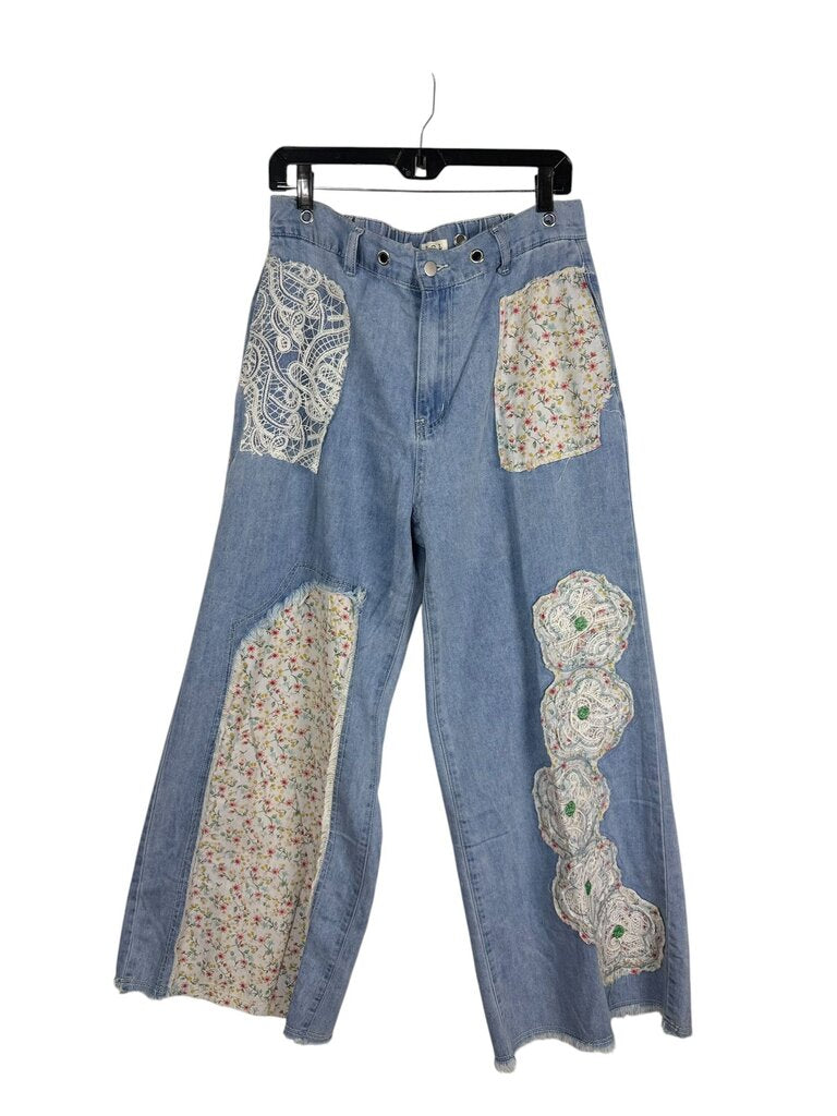 POL WIDE LEG FLORAL PATCH JEANS