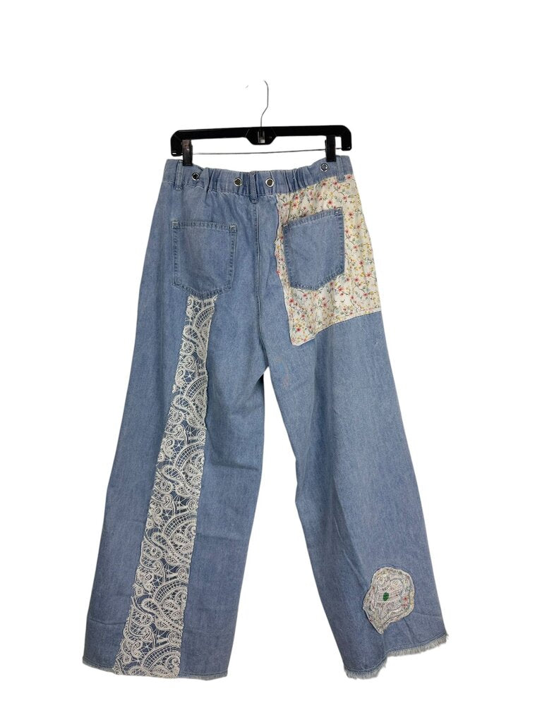 POL WIDE LEG FLORAL PATCH JEANS