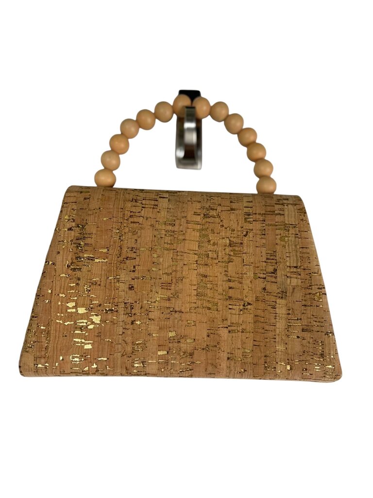 WOOD BEADED HANDLE CORK HANDBAG