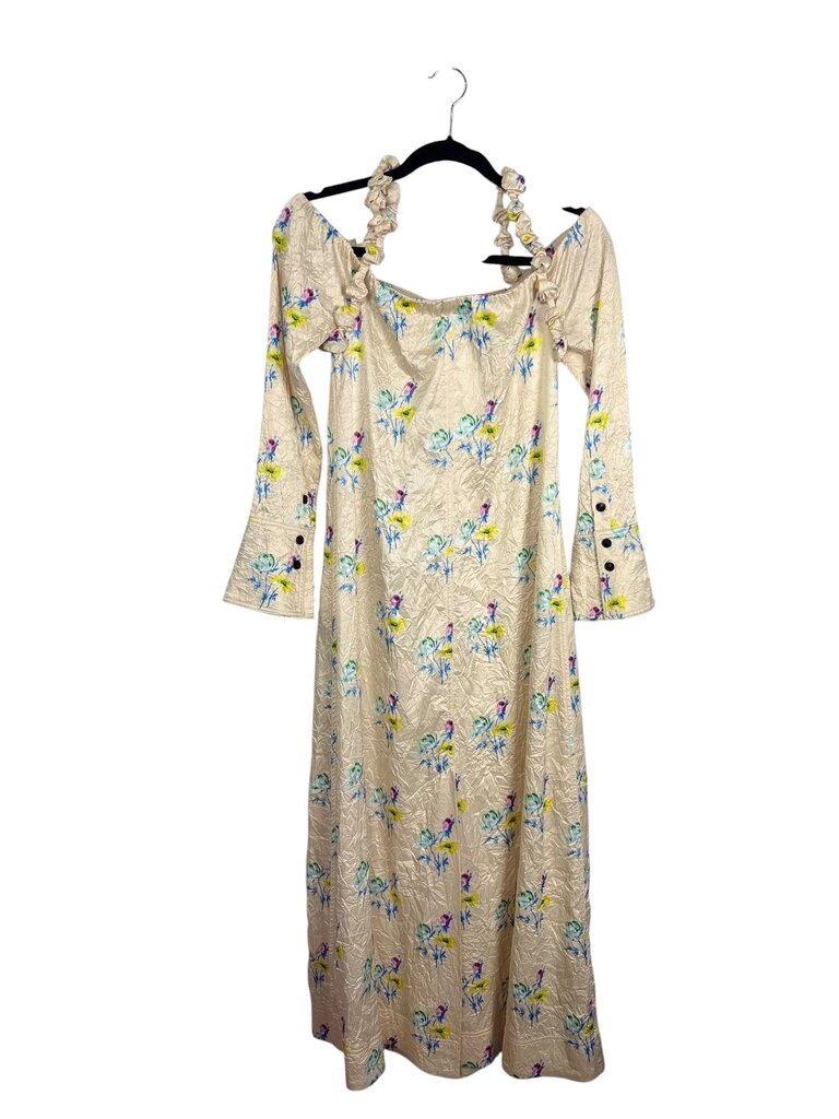 GANNI OFF THE SHOULDER CRINKLE FLORAL DRESS