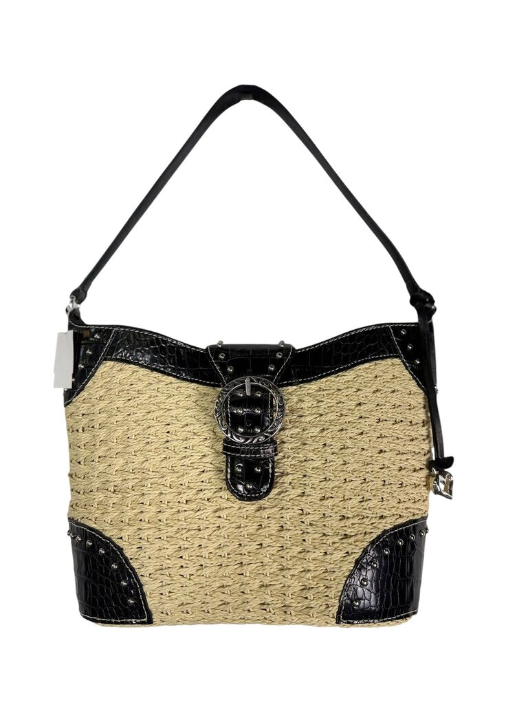 BRIGHTON STRAW & STUDDED LEATHER SHOULDER BAG