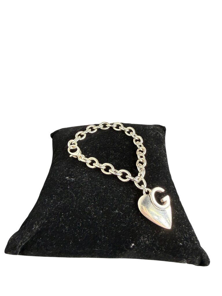 GUCCI HEART SILVER CHAIN LINK CHARM BRACELET