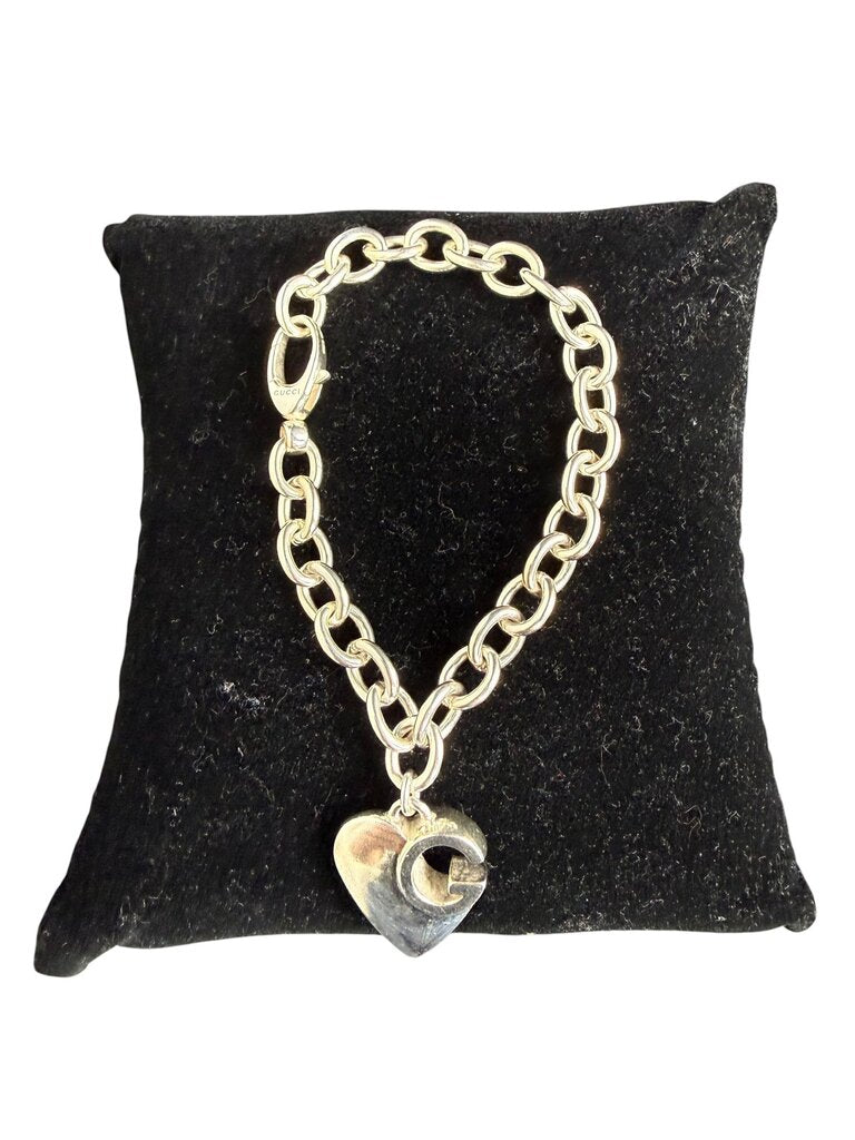 GUCCI HEART SILVER CHAIN LINK CHARM BRACELET