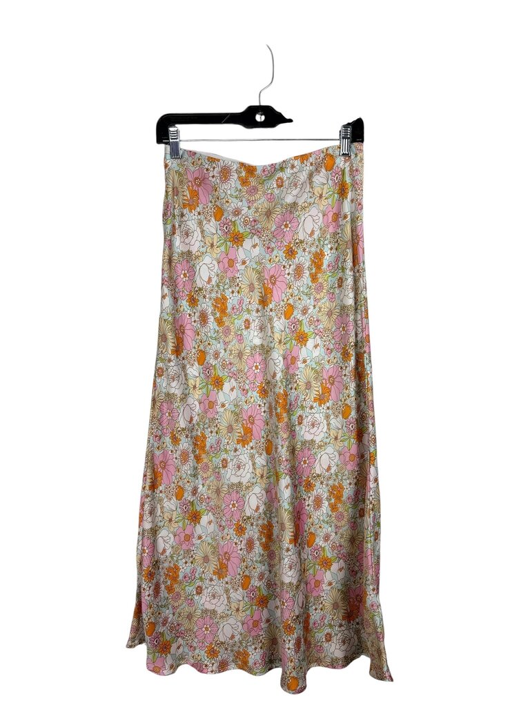 OLIVIACEOUS SATIN FLORAL MIDI SKIRT