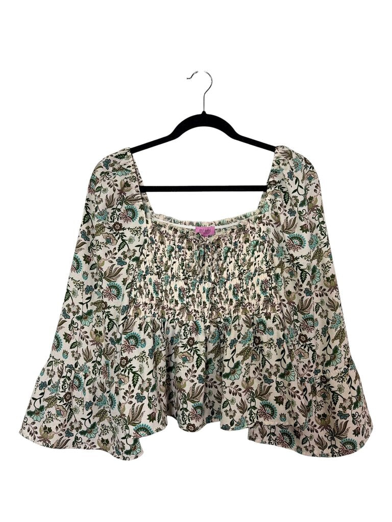 MI AMI SHIRRED FLORAL BLOUSE