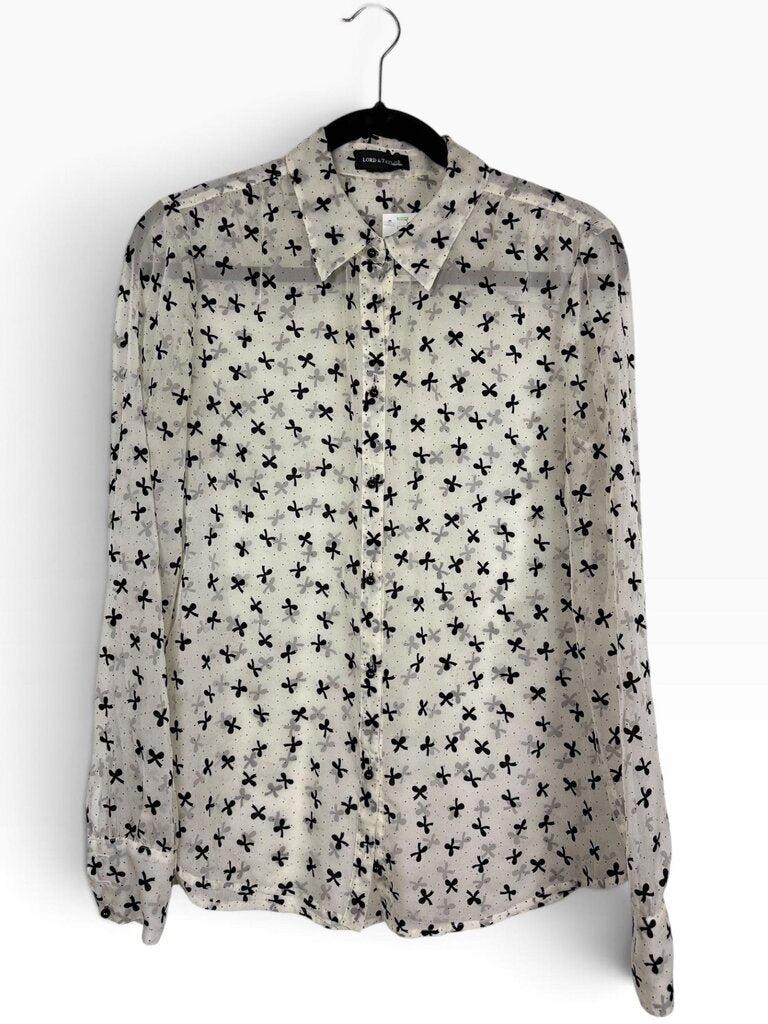 LORD & TAYLOR SHEER BOW PATTERN BUTTON DOWN