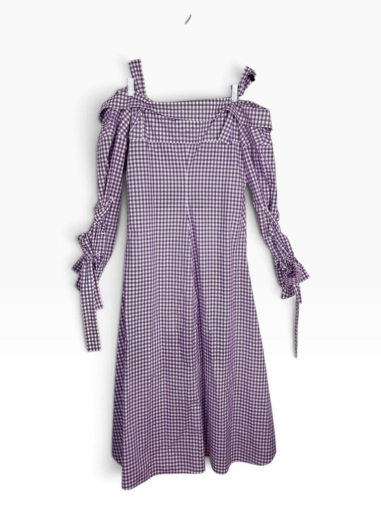 PRADA OFF THE SHOULDER GINGHAM MIDI DRESS