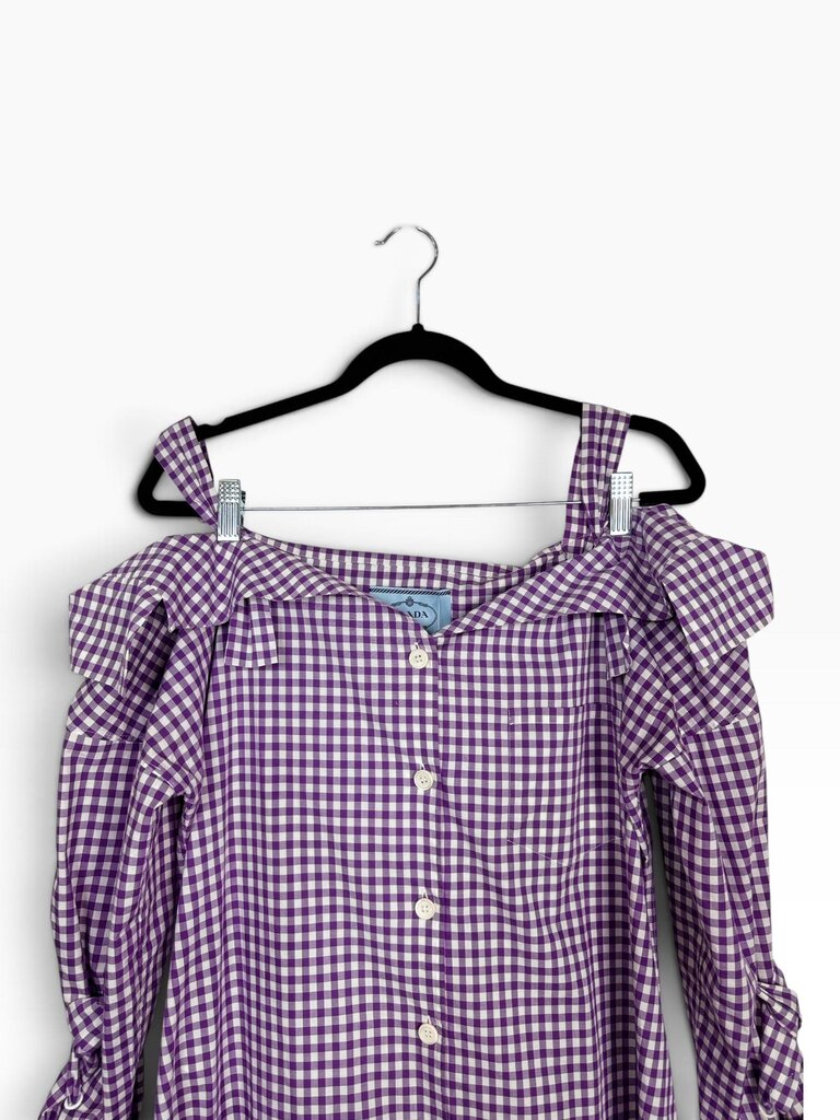 PRADA OFF THE SHOULDER GINGHAM MIDI DRESS