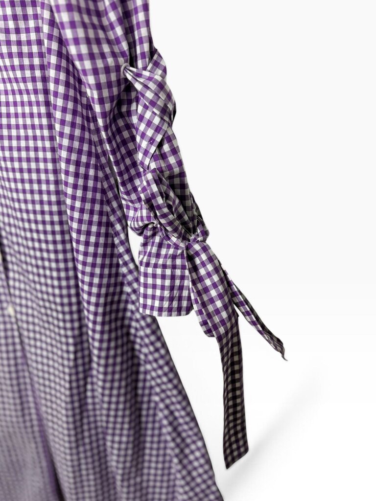 PRADA OFF THE SHOULDER GINGHAM MIDI DRESS