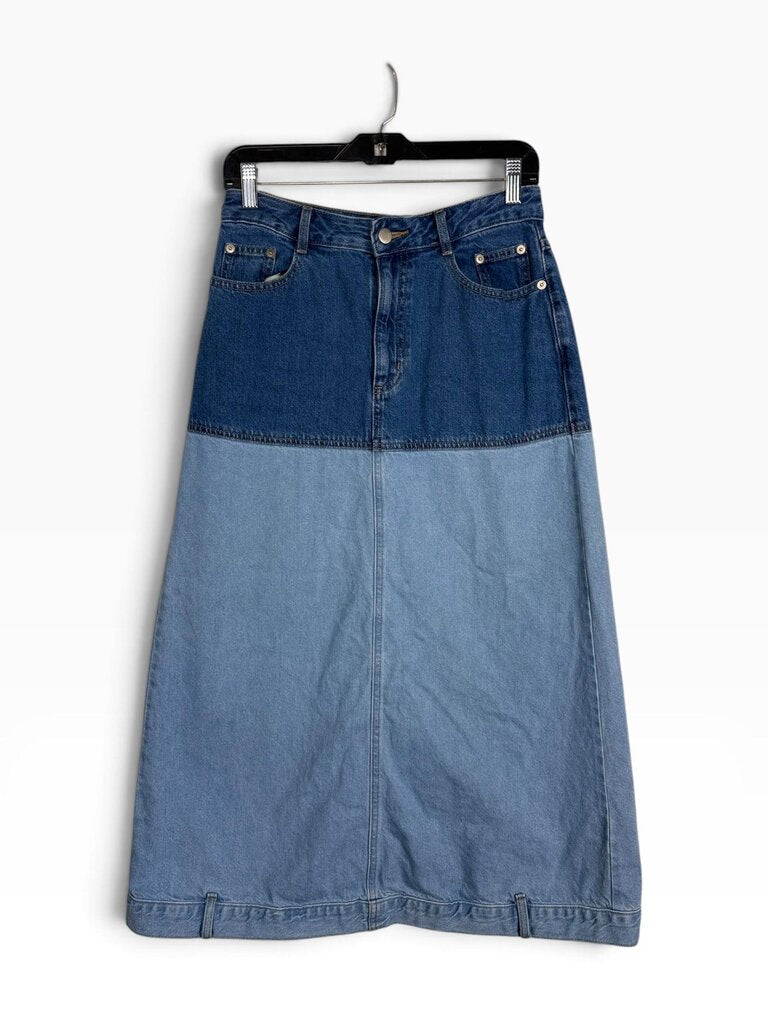 ROKH TWO TONE DENIM MIDI SKIRT