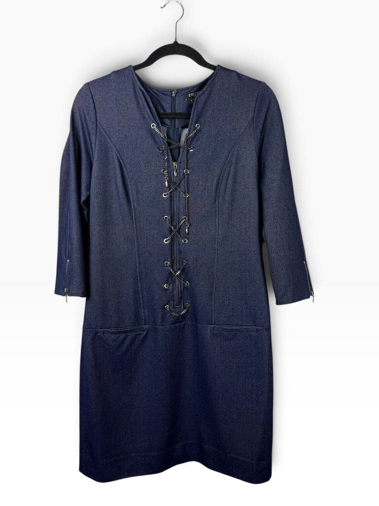 ETCETERA CHAIN LACE UP DENIM SHEATH DRESS