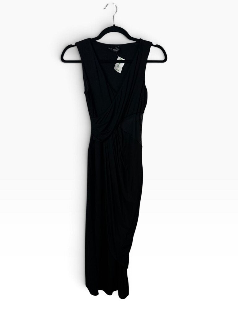 BEBE ASYM MESH PANEL DRESS