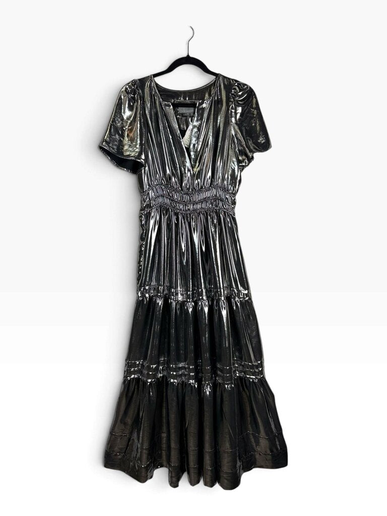 ANTHROPOLOGIE TIERED METALLIC MAXI DRESS