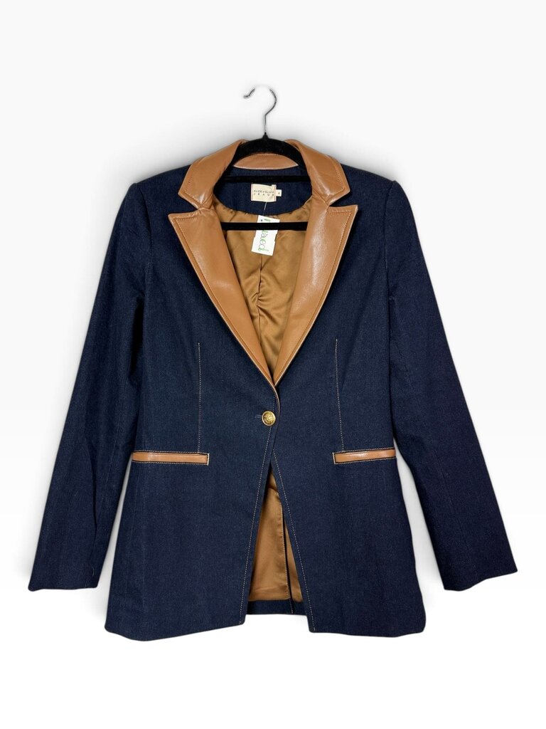 ALICE & OLIVIA FAUX LEATHER TRIM DENIM BLAZER