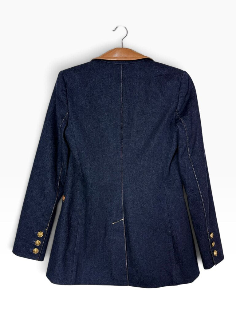 ALICE & OLIVIA FAUX LEATHER TRIM DENIM BLAZER